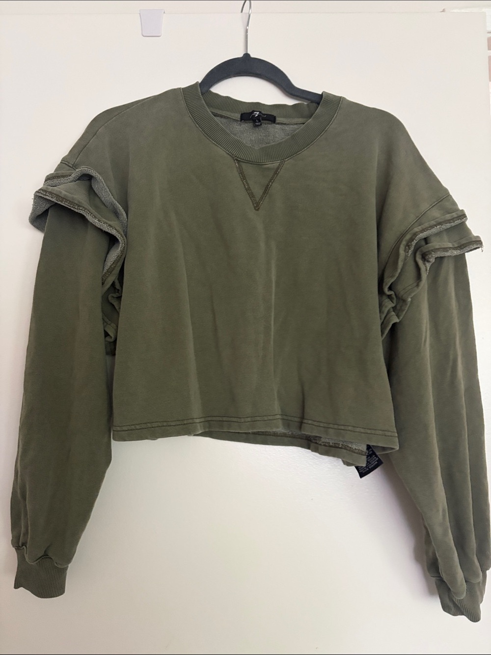 7 For All Mankind Olive Green Ruffle-Sleeve Cropped Sweatshirt